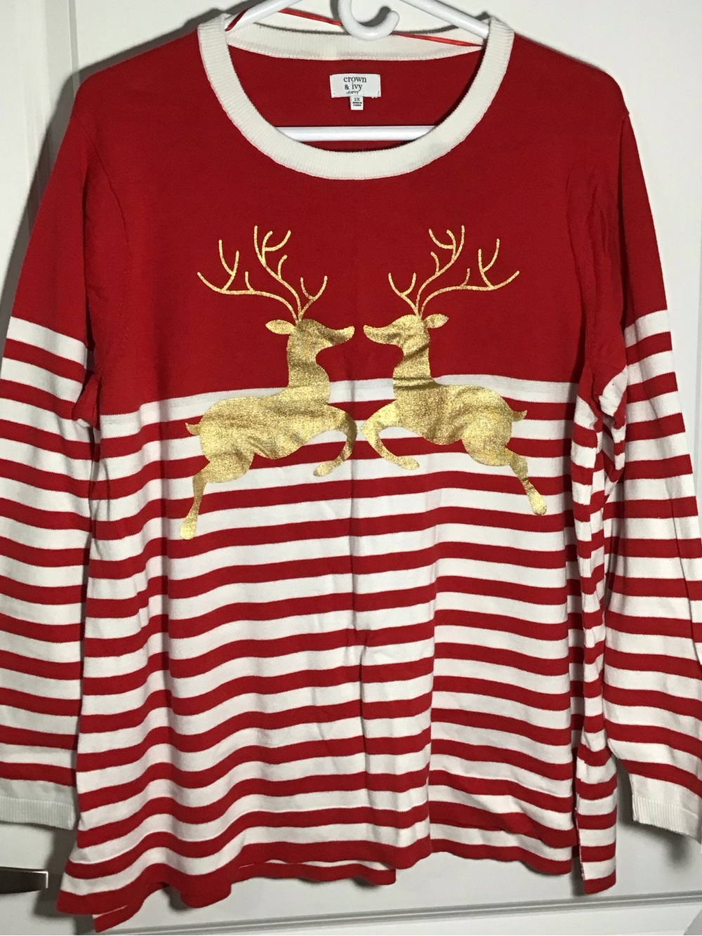 crown & ivy Red White Striped Pajama Top with Gold Reindeer